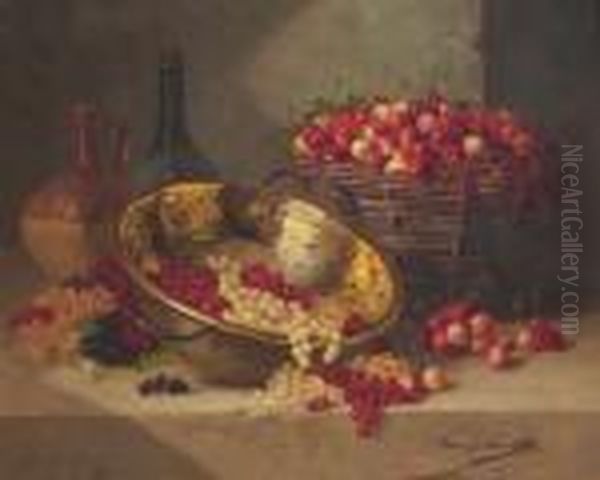 Panier De Cerises Et Bassine De Groseille Oil Painting by Alphonse de Neuville