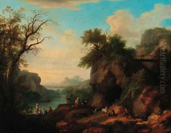 A mountainous wooded river landscape with a goatherd and flock, peasant women in the foreground Oil Painting by Jakob Philippe Hackert