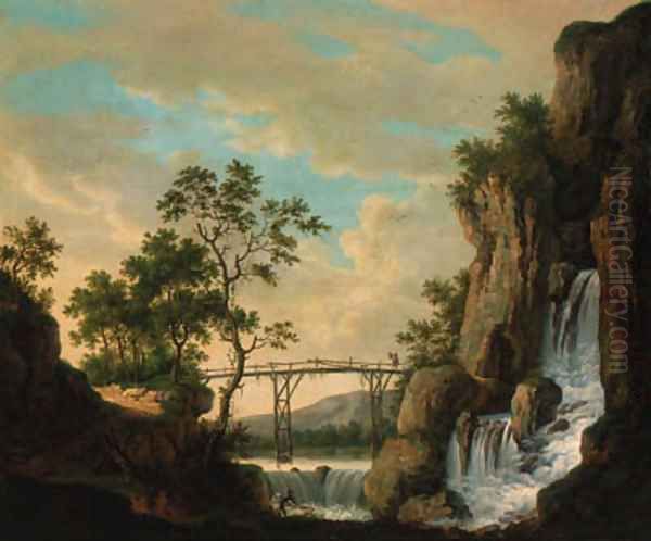 A river landscape with a fisherman before a waterfall, a traveller traversing a bridge beyond Oil Painting by Jakob Philippe Hackert