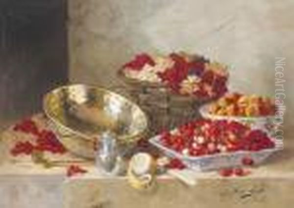 Stillleben Mit Kirschen, Johannisbeeren Und Aprikosen. Oil Painting by Alphonse de Neuville