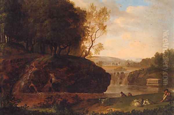 A river landscape with a shepherd resting on a bank Oil Painting by Jakob Philippe Hackert