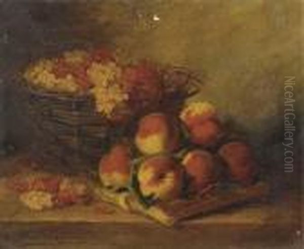 Peaches And Currents In A Basket On A Table Oil Painting by Alphonse de Neuville