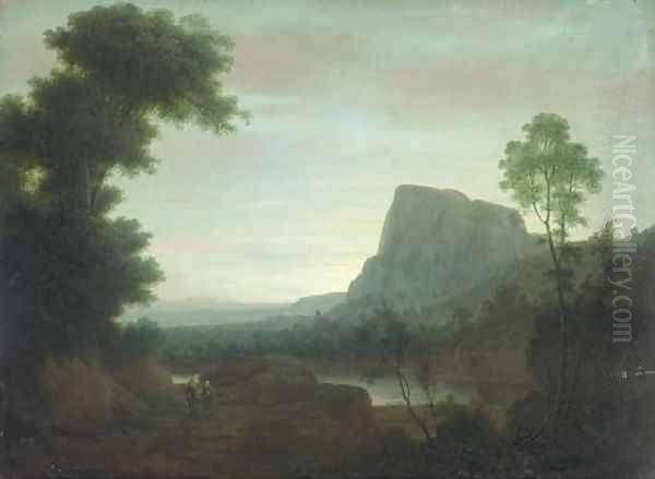 An extensive mountainous landscape with the Flight from Egypt Oil Painting by Jakob Philippe Hackert