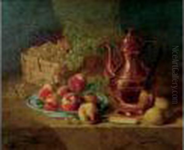 Nature Morte Aux Peches,carafe Et Panier Oil Painting by Alphonse de Neuville