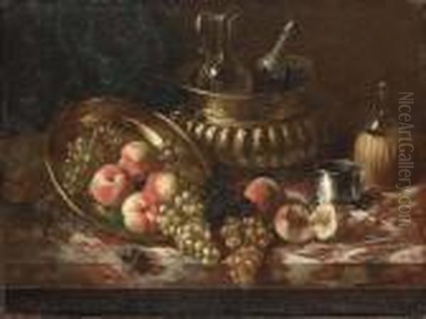 Peaches, Grapes, Carafes And A Silver Cup On A Marble Table Oil Painting by Alphonse de Neuville