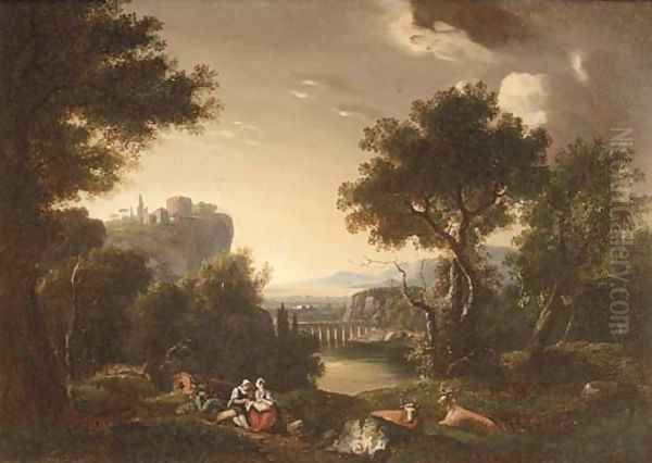 A mountainous river landscape with countryfolk at rest by Jan Hackaert