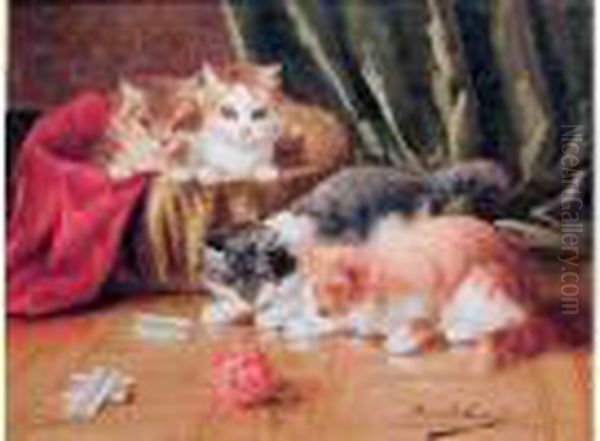 Chatons Jouant Avec Une Pelote De Laine Oil Painting by Alphonse de Neuville