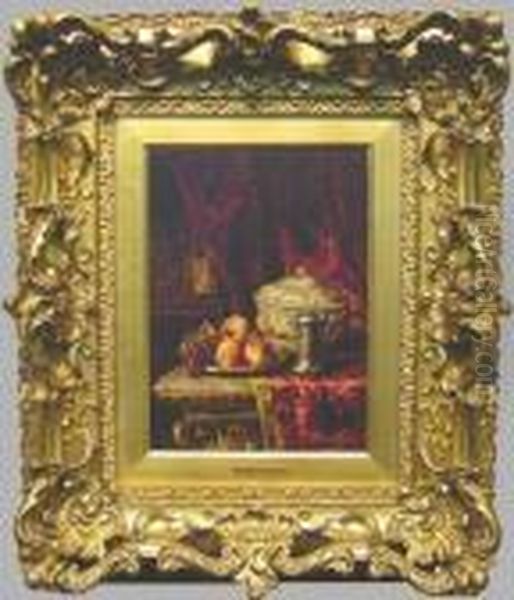 Still Life With Fruit And Tureen Against Red Velvet Curtain Oil Painting by Alphonse de Neuville