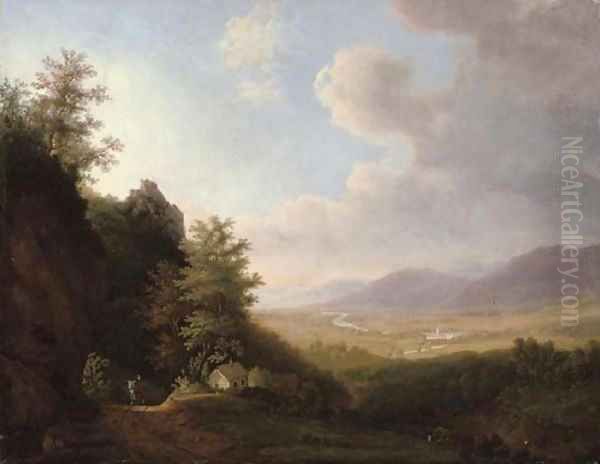 A traveler on a mountain path, an extensive landscape beyond Oil Painting by Jan Hackaert