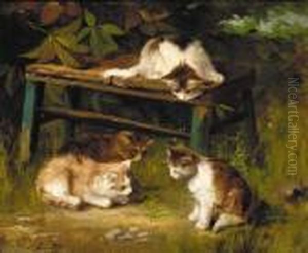 Kittens Playing With A Grasshopper Oil Painting by Alphonse de Neuville