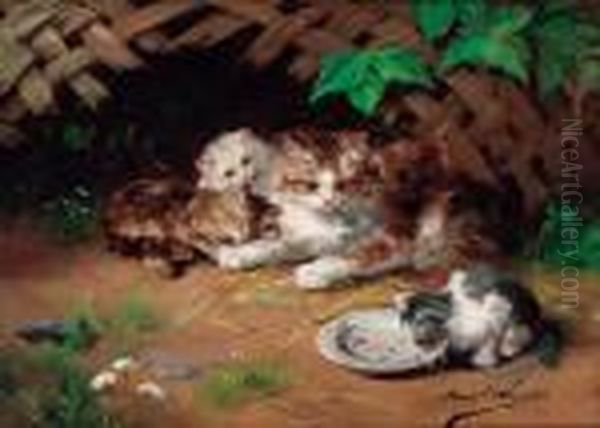 A Kitten Drinking Milk; And Kittens Teasing A Bird Oil Painting by Alphonse de Neuville