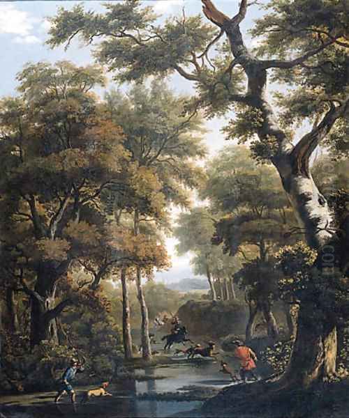 A stag hunt in a forest Oil Painting by Jan Hackaert