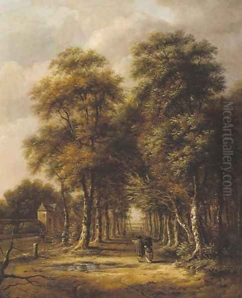 An avenue of trees with an elegant couple walking Oil Painting by Jan Hackaert