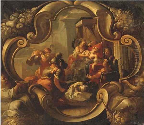 The Death of Cleopatra, in a feigned cartouche Oil Painting by Joseph, The Younger Heintz