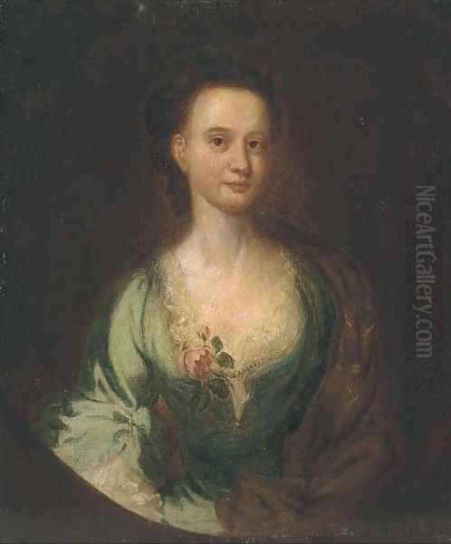 Portrait of a lady, half-length, in a green dress and brown shawl, in a feigned oval Oil Painting by William Hogarth