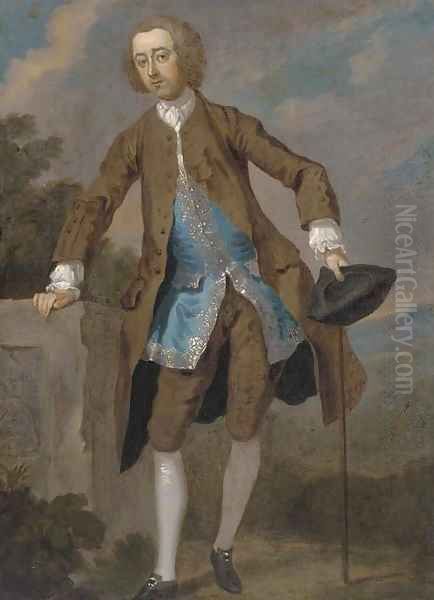 Portrait of Gustavus Hamilton (1710-1746), 2nd Viscount Boyne, small full-length, in a brown frock coat and blue waistcoat Oil Painting by William Hogarth