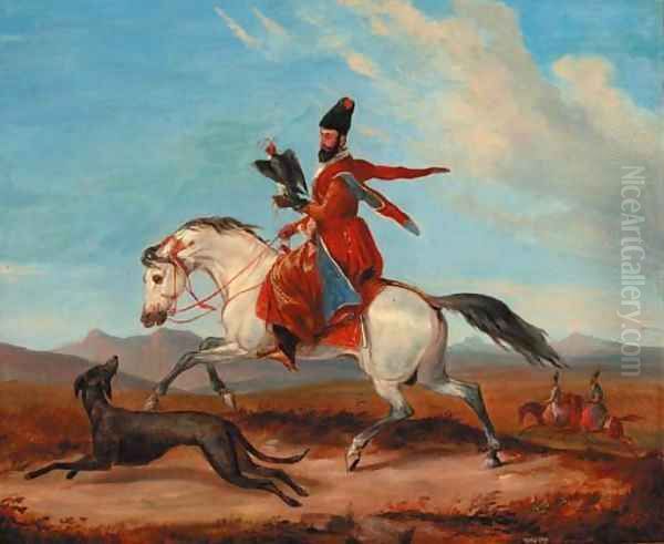 An Arab horseman holding a falcon Oil Painting by Charles Hamilton