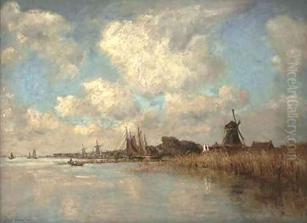 River landscape with windmills in the distance Oil Painting by James Levin Henry