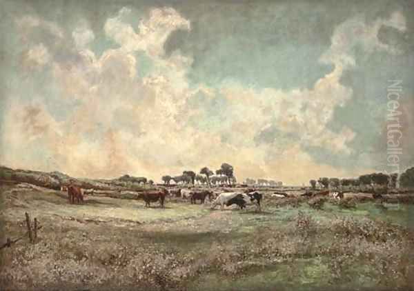 Cattle grazing in an extensive landscape Oil Painting by James Levin Henry