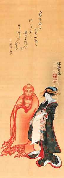 Courtesan and Bodhidharma Oil Painting by Katsushika Hokuun