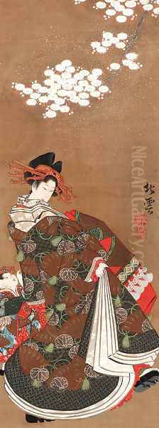 Courtesan parading under cherry blossoms Oil Painting by Katsushika Hokuun