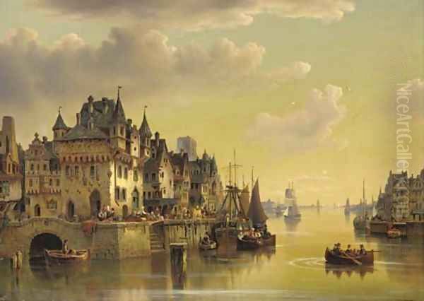 A fantasy town at dusk Oil Painting by Ludwig Herrmann