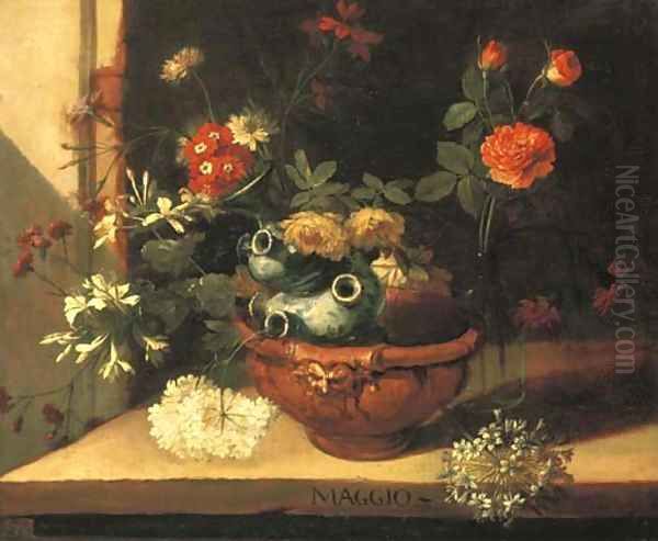 A ceramic vase with roses, hortensias and other flowers Oil Painting by Niccolino Van Houbraken