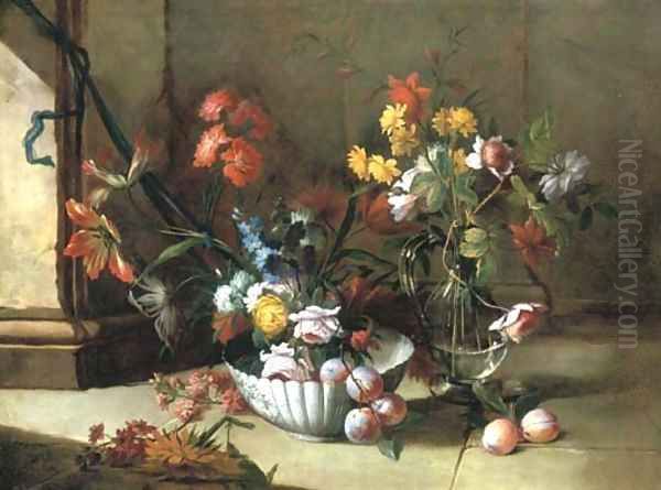 Roses, carnations and other flowers and plums in a porcelain bowl Oil Painting by Niccolino Van Houbraken