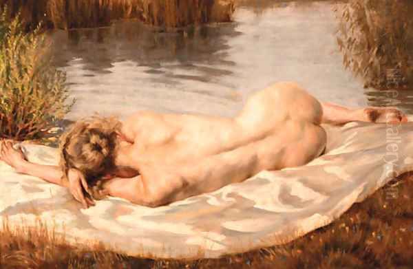 A reclining nude on the banks of a river Oil Painting by Peter Von Hamme