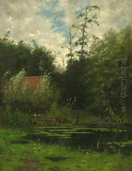 An angler in a punter a cottage nearby Oil Painting by Willem Hamel