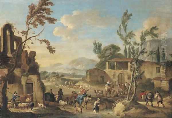 A village with peasants herding cattle, a mountainous landscape beyond Oil Painting by Dirck Helmbreker