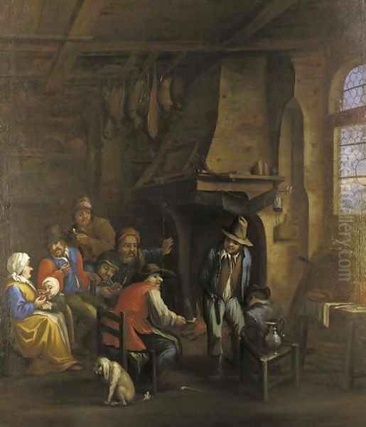 Peasants gathered at a fireside in an interior Oil Painting by Dirk-Theodor Helmbrecker