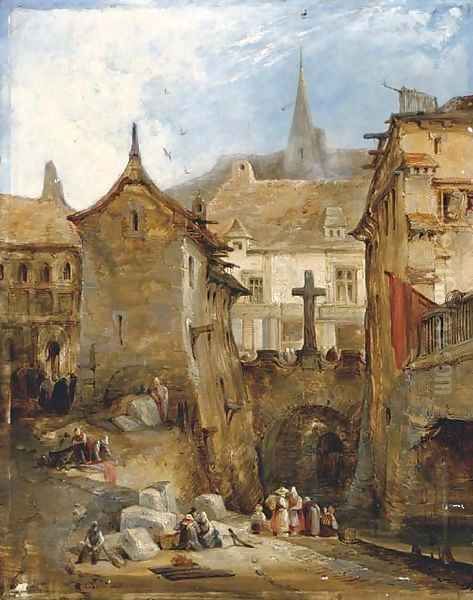 Figures at a canal in a Continental town Oil Painting by James Holland