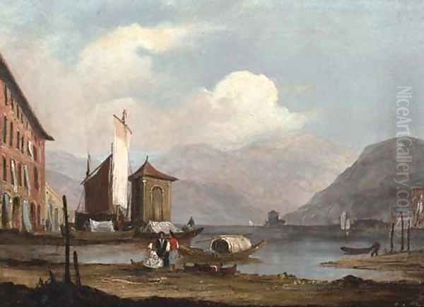 Figures on the bank of an Italianate lake Oil Painting by James Holland