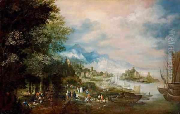 A coastal landsape, with hunters in the foreground and a town beyond Oil Painting by Johannes Jacob Hartmann