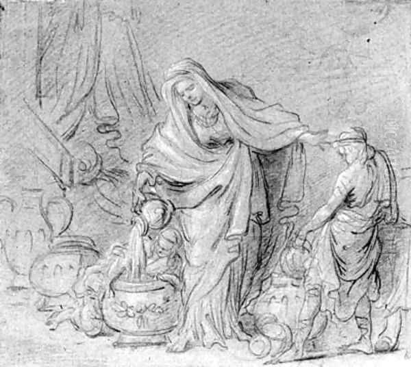 A draped woman pouring water in a basin assisted by two boys (recto); A reclining nude seen from behind (verso) Oil Painting by Noel Halle