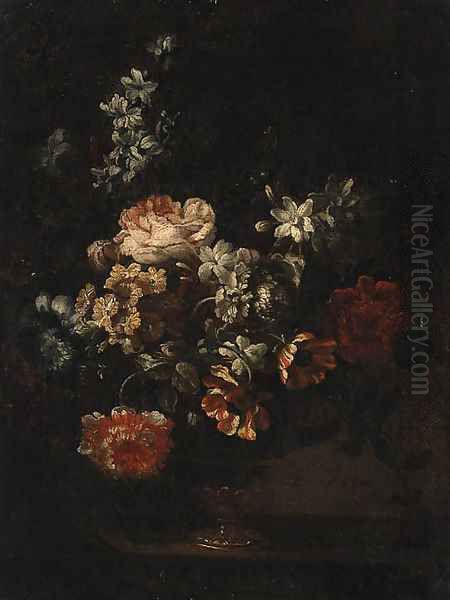 Carnations, Roses, Tulips and other Flowers in an glass Vase on a Ledge Oil Painting by Simon Hardime