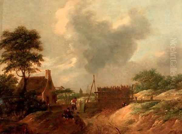 A dune landscape with figures by a gate Oil Painting by Thomas Heeremans