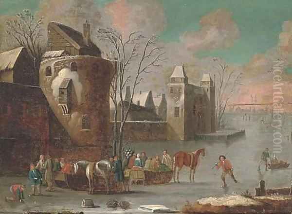 A frozen river landscape with skaters by a town Oil Painting by Thomas Heeremans