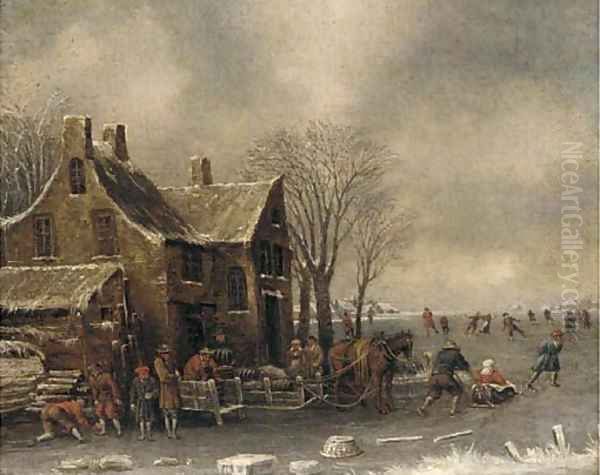 Townsfolk skating and sledging on a frozen lake before a building Oil Painting by Thomas Heeremans