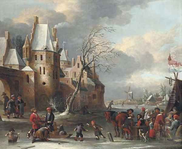 A frozen river landscape with skaters by a walled town Oil Painting by Thomas Heeremans