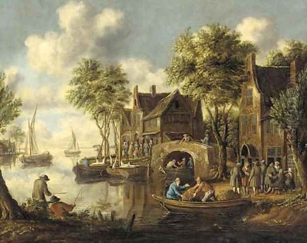 A river landscape with figures on a bridge and fishermen in boats by an inn Oil Painting by Thomas Heeremans