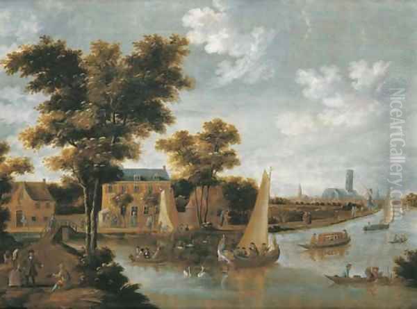 A view of the Zwaenseiland and the river Zwaenhals, Rotterdam, the St. Laurenskerk beyond Oil Painting by Thomas Heeremans