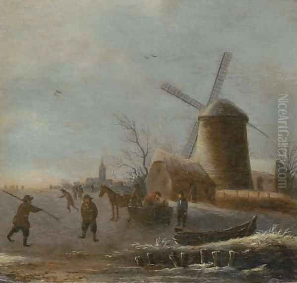 A winter river landscape with skaters on the ice by a windmill Oil Painting by Thomas Heeremans