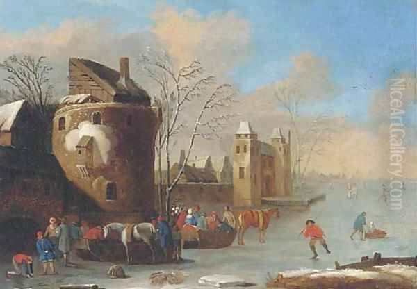 A winter landscape with figures on a frozen lake, a walled town beyond Oil Painting by Thomas Heeremans