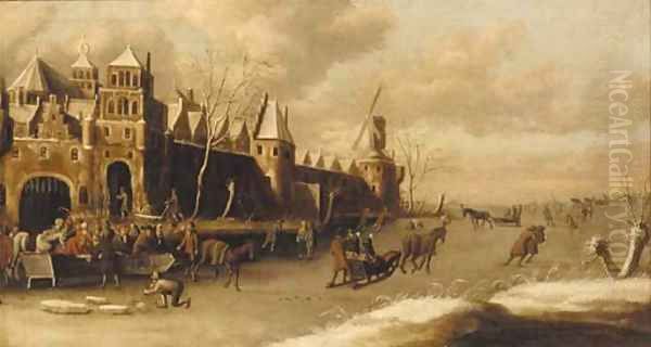 A winter landscape with skaters outside a city wall Oil Painting by Thomas Heeremans