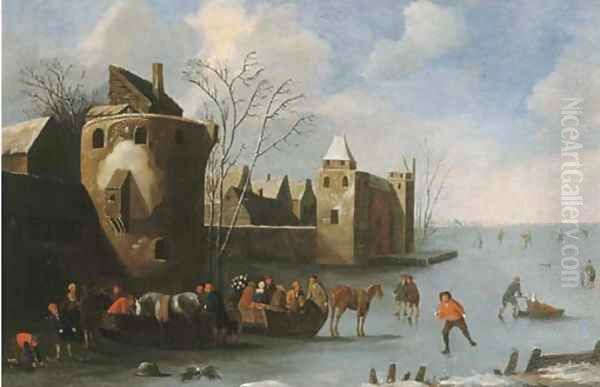 Townsfolk skating and sledging on a frozen moat, a city beyond Oil Painting by Thomas Heeremans