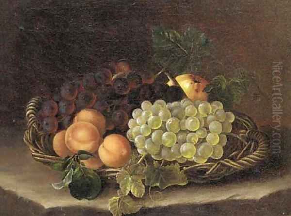 Still life of grapes, peaches and an apple in a wicker basket on a ledge Oil Painting by William Hammer