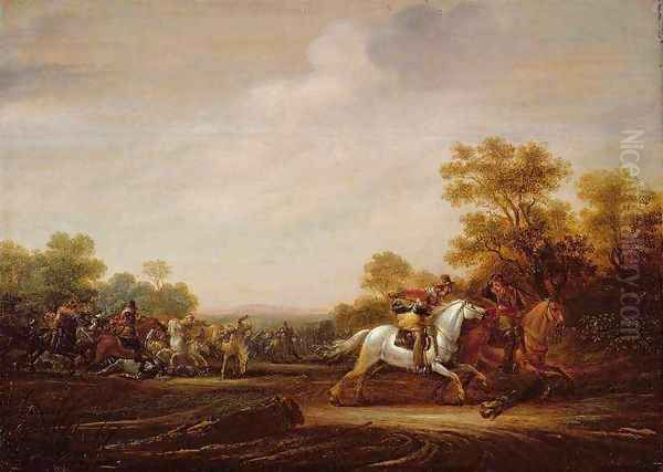 A Skirmish of Cavalry Oil Painting by Abraham van der Hoef