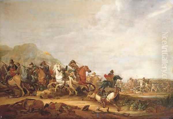 A cavalry skirmish Oil Painting by Abraham van der Hoef